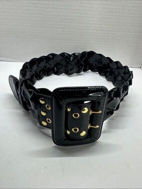 Be & D Black Patent Woven Belt with Gold Hardware Accents vintage